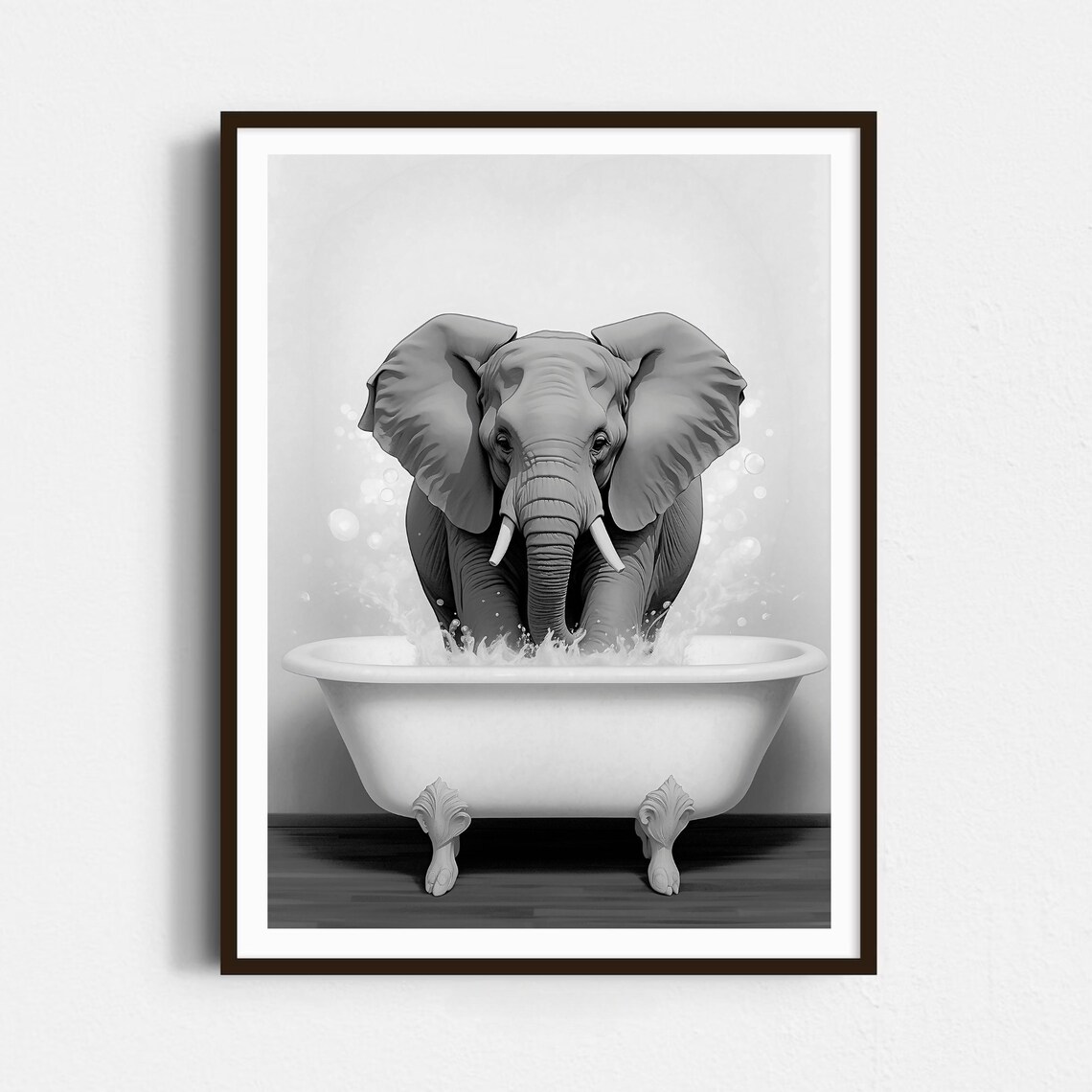 Elephant Splashing In Clawfoot Bathtub Black And White Poster - Image 4