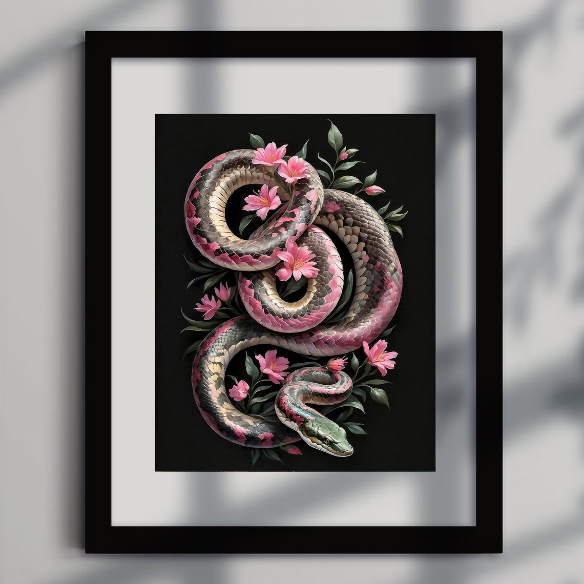 Pink Snake Blossoms Moody Botanical Black Background Wall Art - Image 5