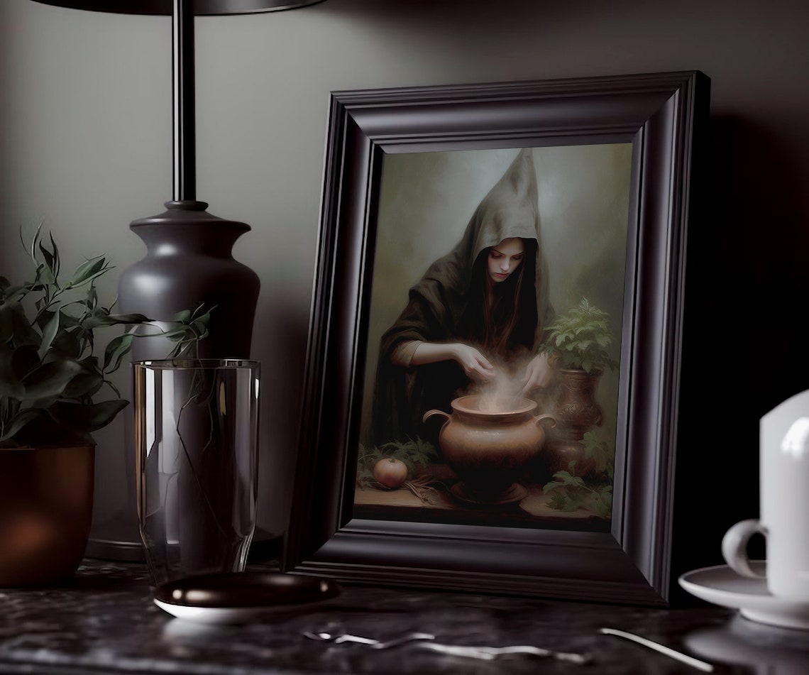 Hooded Witch Brewing A Potion In A Copper Cauldron Moody Poster - Image 3