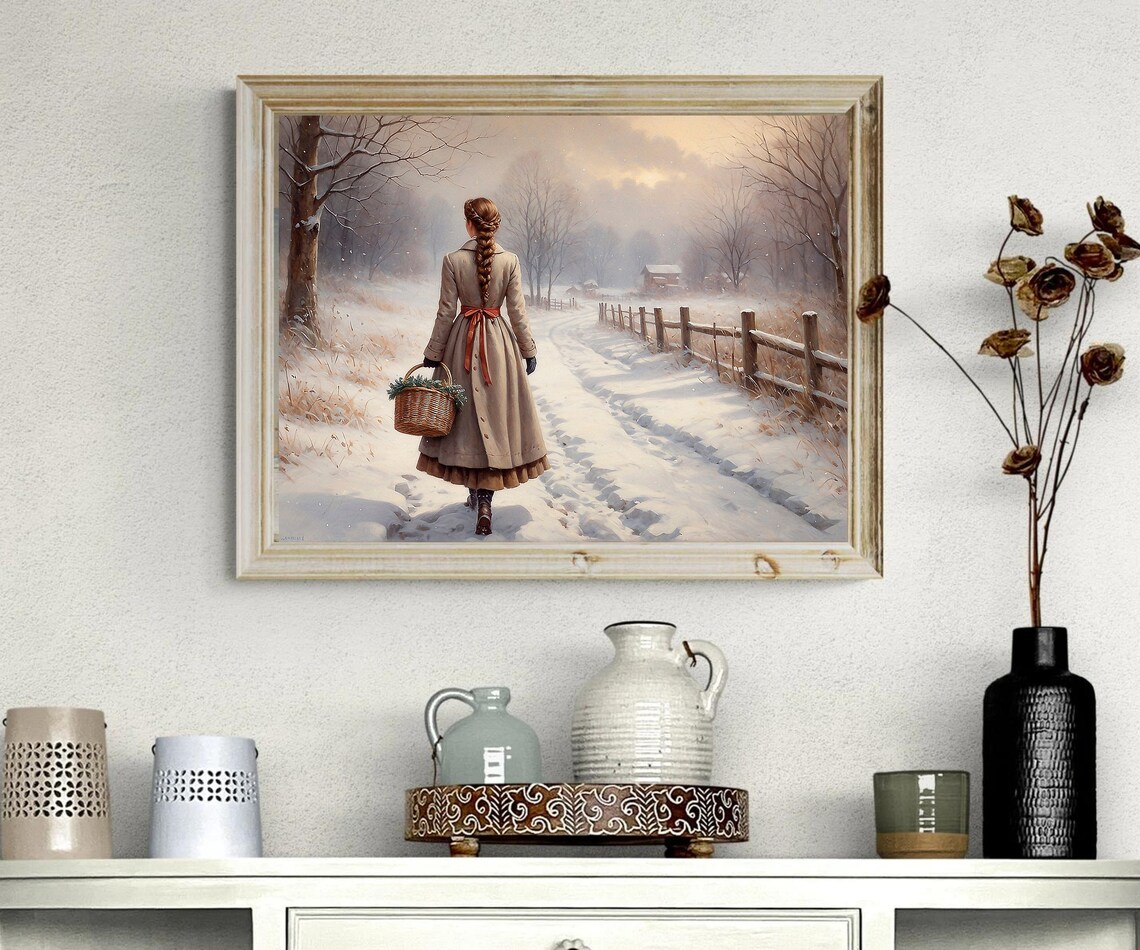 Woman With Basket Walking Snowy Winter Path Vintage Oil Painting Poster - Image 3