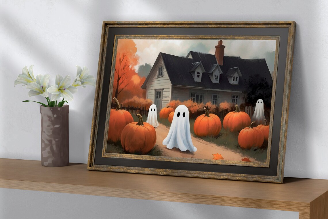 Cute Ghosts Gathering Pumpkins At A Spooky Autumn Farmhouse Halloween Art Poster - Image 2