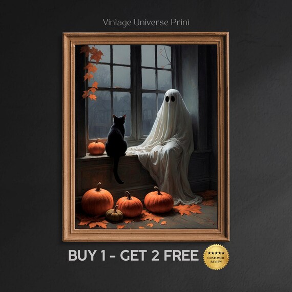 Ghost And Black Cat Sitting In A Rainy Window With Pumpkins Halloween Art Print