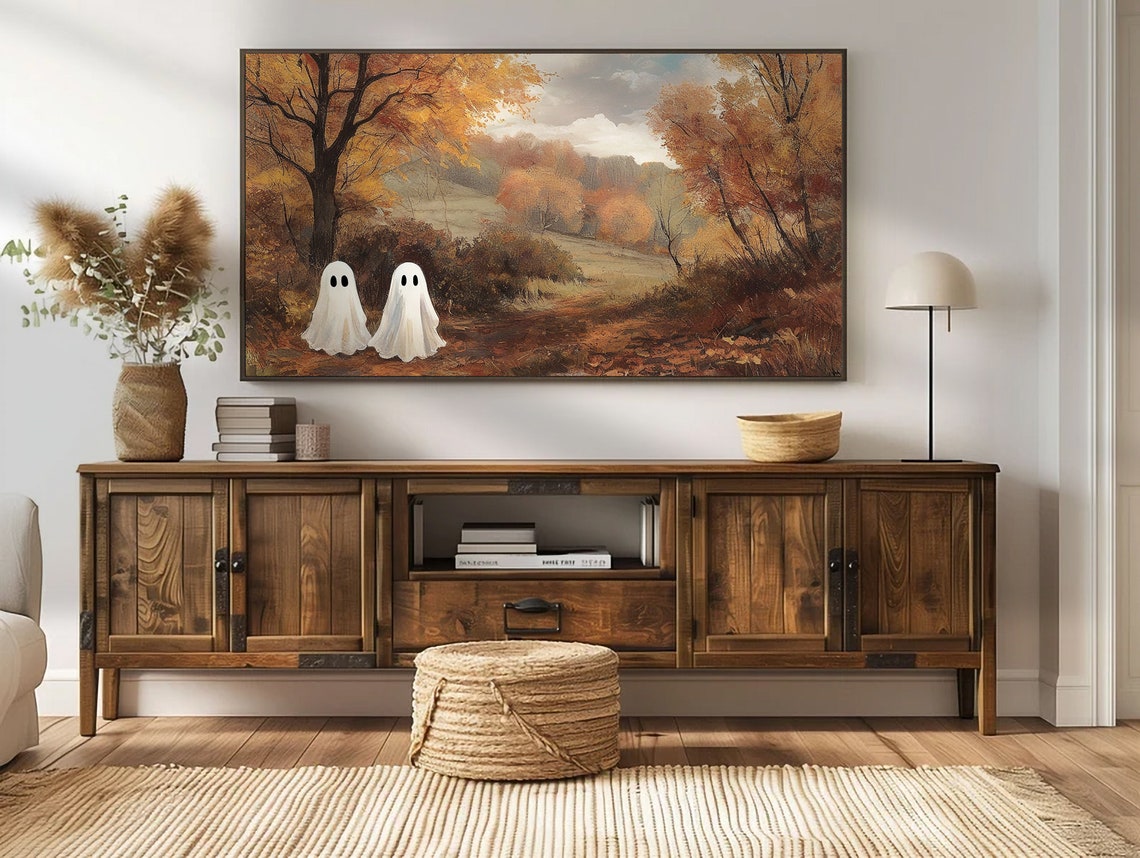 Two Cute Ghosts In Colorful Autumn Forest Path Halloween Art Poster - Image 3