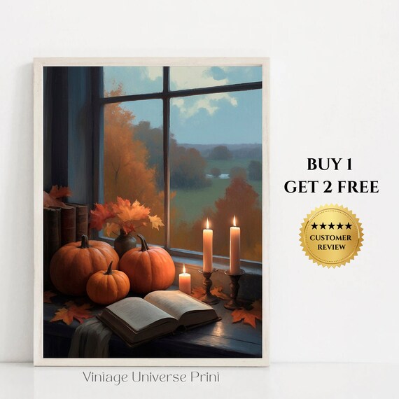 Book Rustic Fall Wall Decor Window Painting Pumpkins Autumn Window Print Moody Vintage Fall Country Poster Cozy Halloween