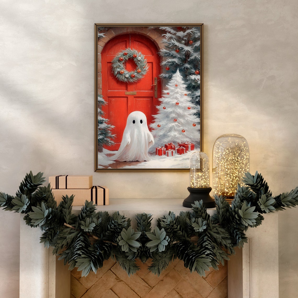 Ghost by Red Door with Christmas Wreath and Tree Holiday Print - Image 2