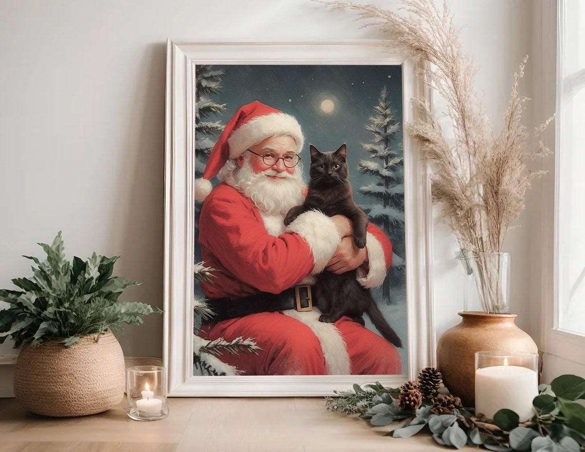 Santa Claus Holding Black Cat Snowy Moonlit Forest Christmas Poster - Image 4