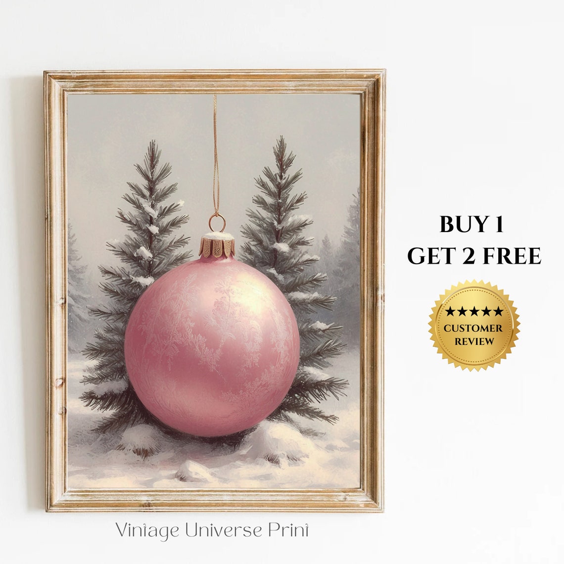 Pink Christmas Ornament Bauble Snowy Pine Trees Winter Holiday Poster
