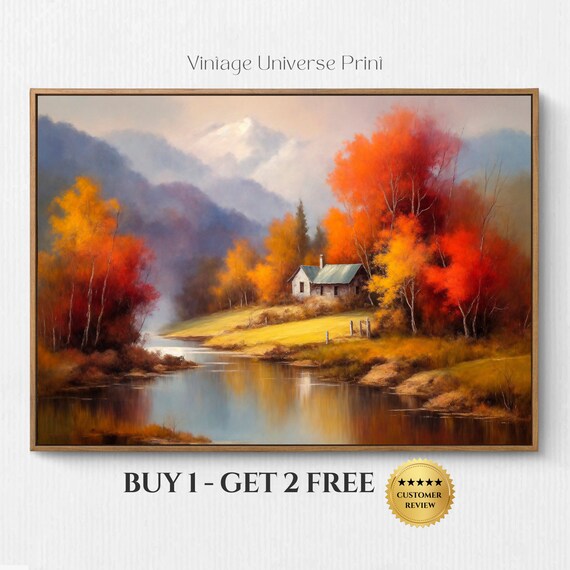Autumn Cabin by the River Red Fall Trees Vintage Oil Painting Poster