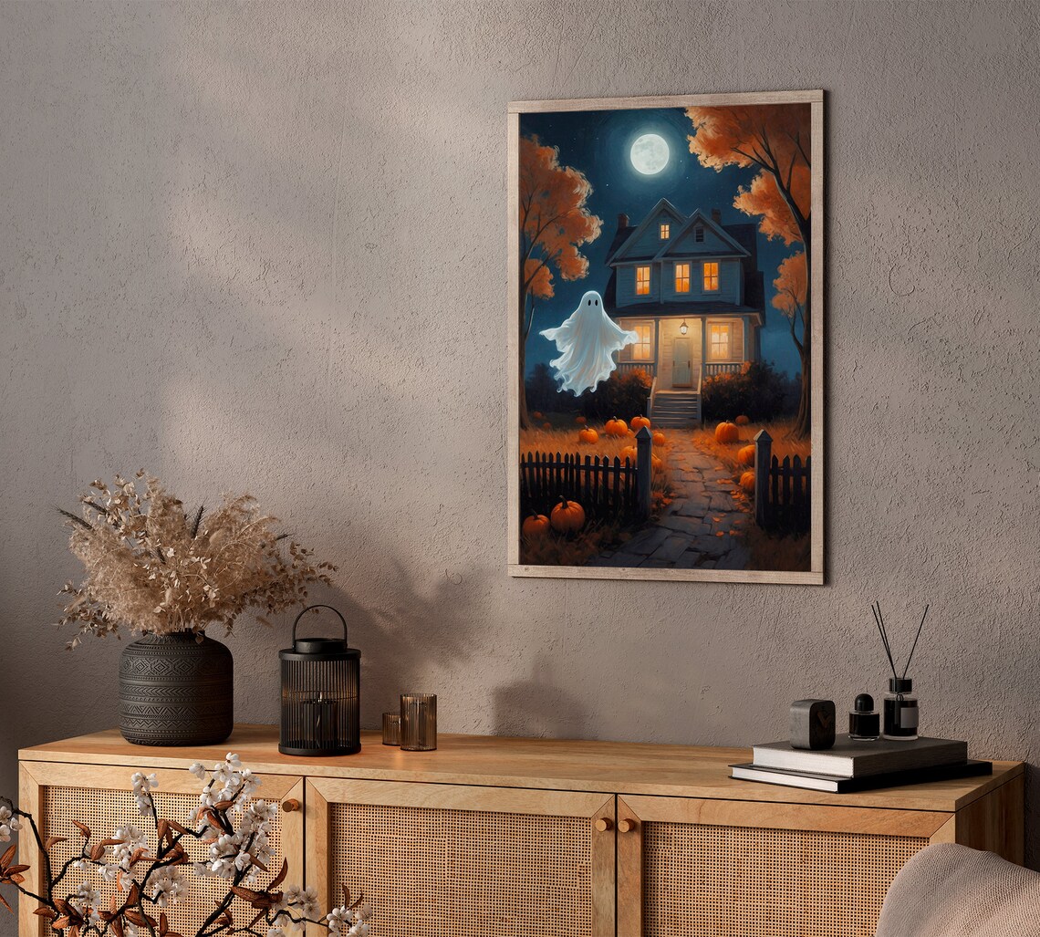 Cute Ghost Over Moonlit Farmhouse With Pumpkins Halloween Painting Poster - Image 2