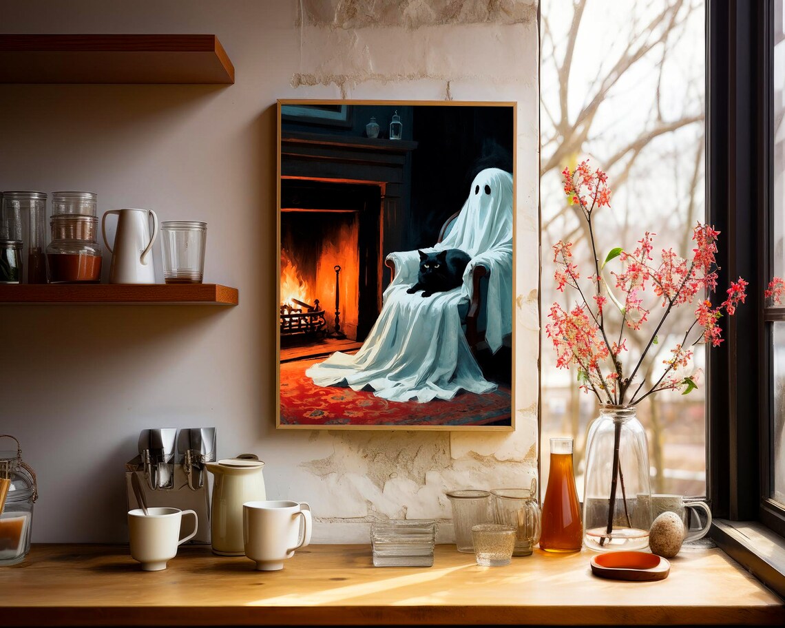 Ghost Cuddling A Black Cat In An Armchair By A Roaring Fireplace Art Print - Image 2