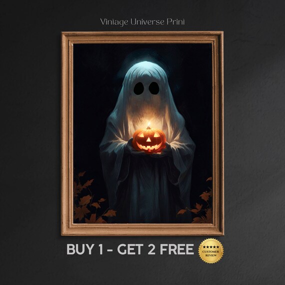 Ghost Holding A Glowing Jack O Lantern In The Dark Spooky Halloween Art Print
