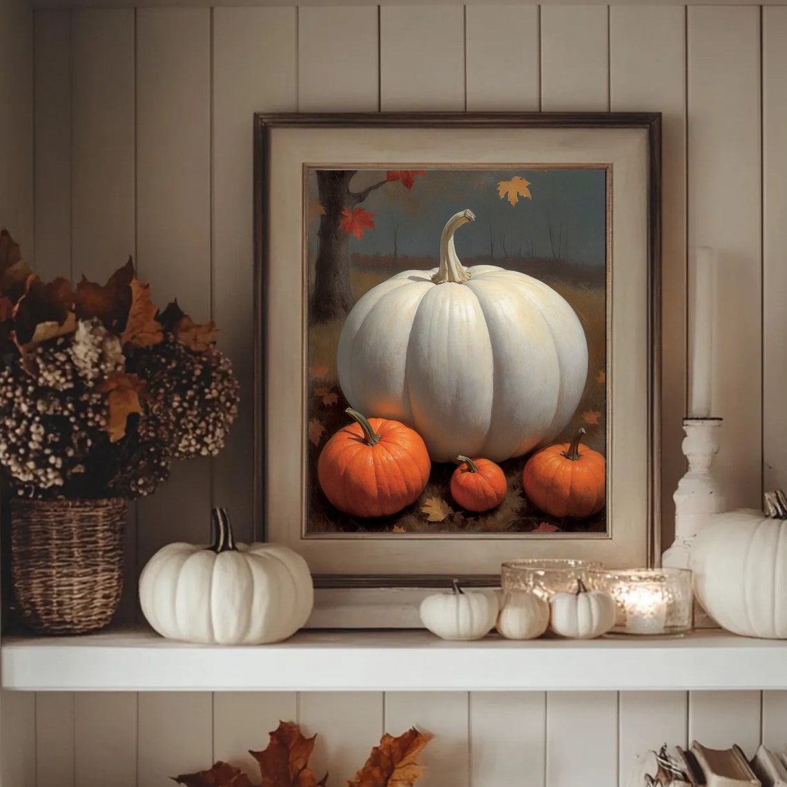 White Pumpkin With Orange Pumpkins Autumn Still Life Painting Poster - Image 3