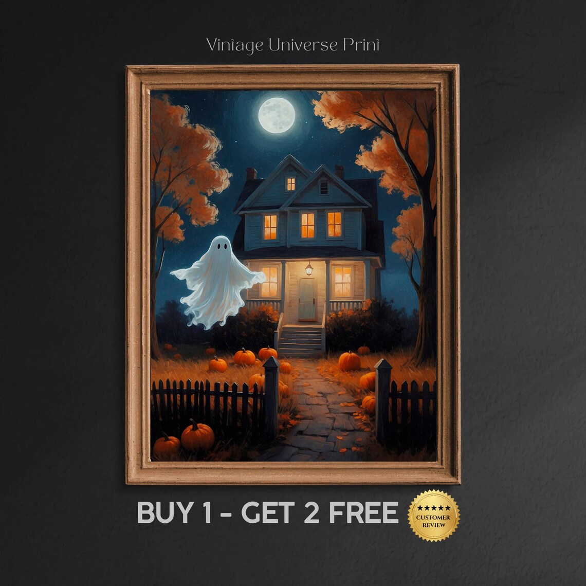 Cute Ghost Over Moonlit Farmhouse With Pumpkins Halloween Painting Poster