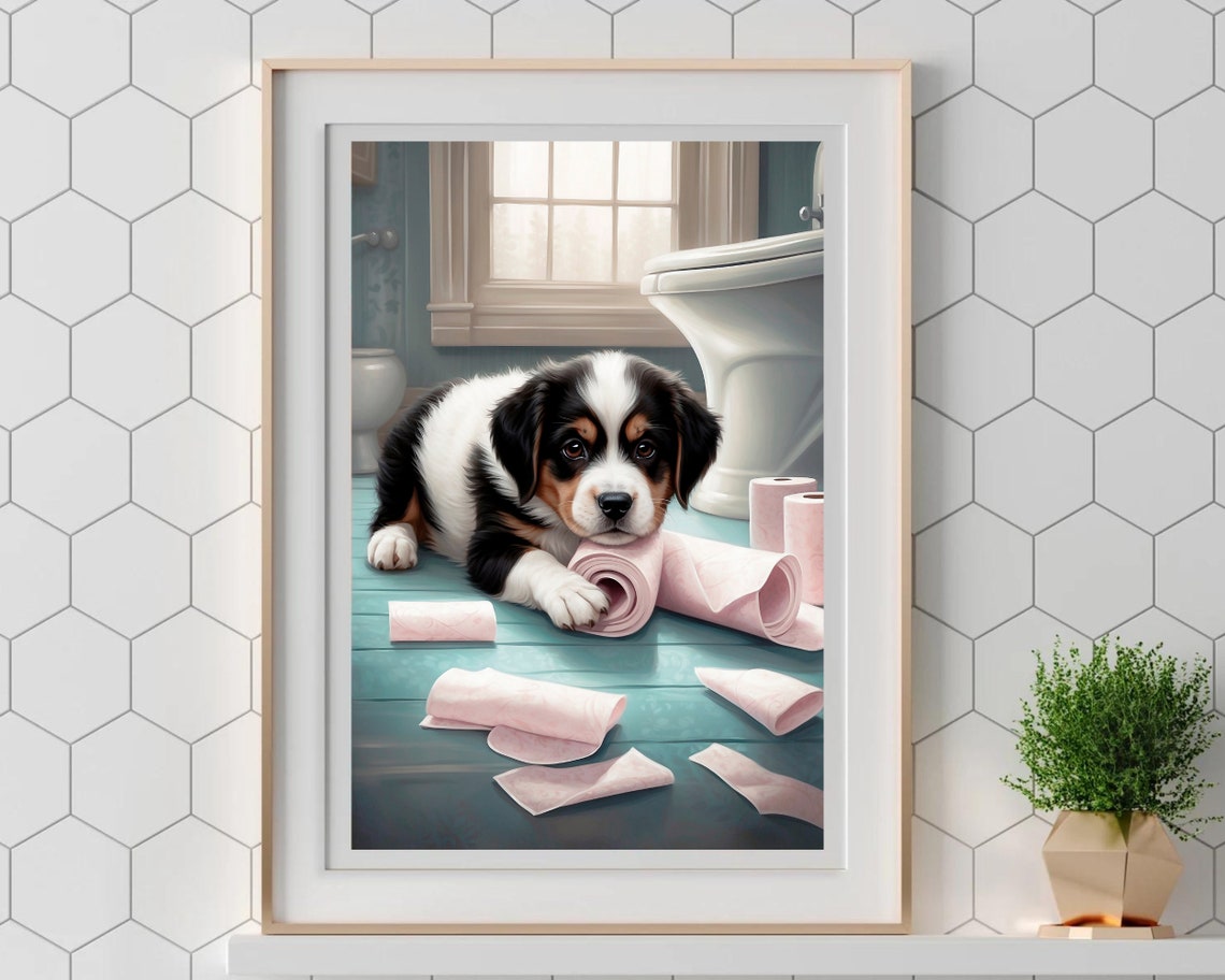 Tricolor Puppy With Pink Toilet Paper Rolls Funny Bathroom Poster - Image 5