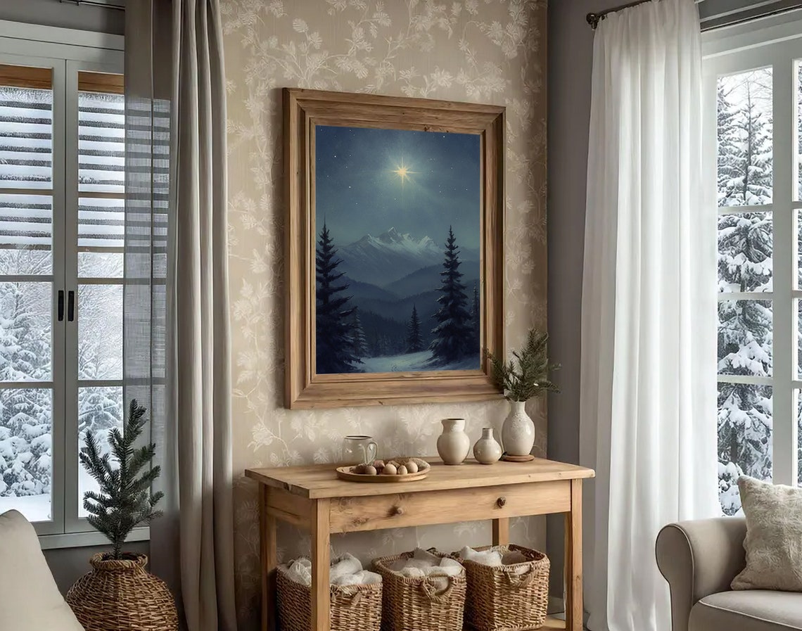 Snowy Mountain Night Bright Star Pine Forest Christmas Poster - Image 2