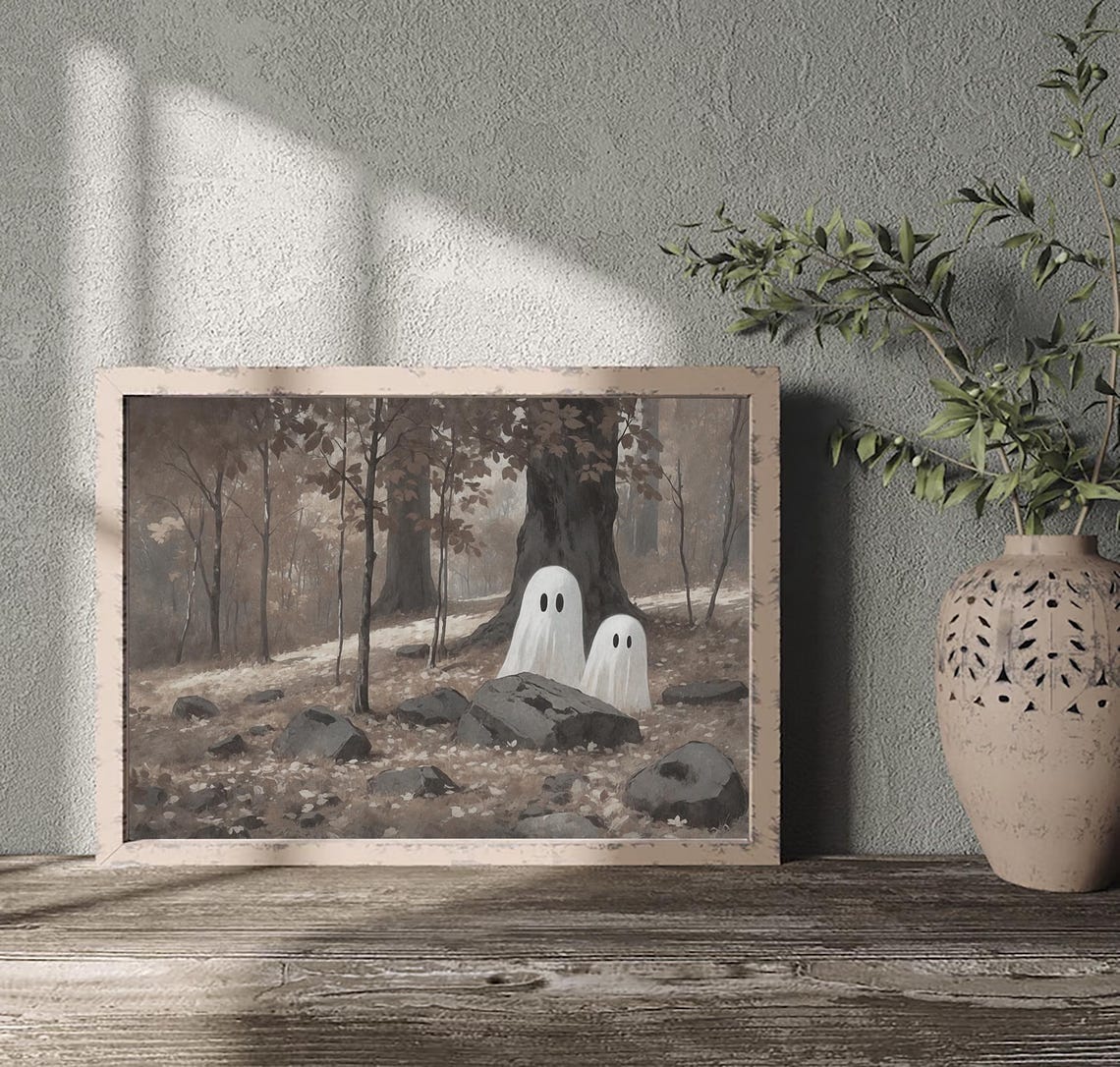 Cute Ghosts In Autumn Forest Rocks Moody Spooky Halloween Poster - Image 3