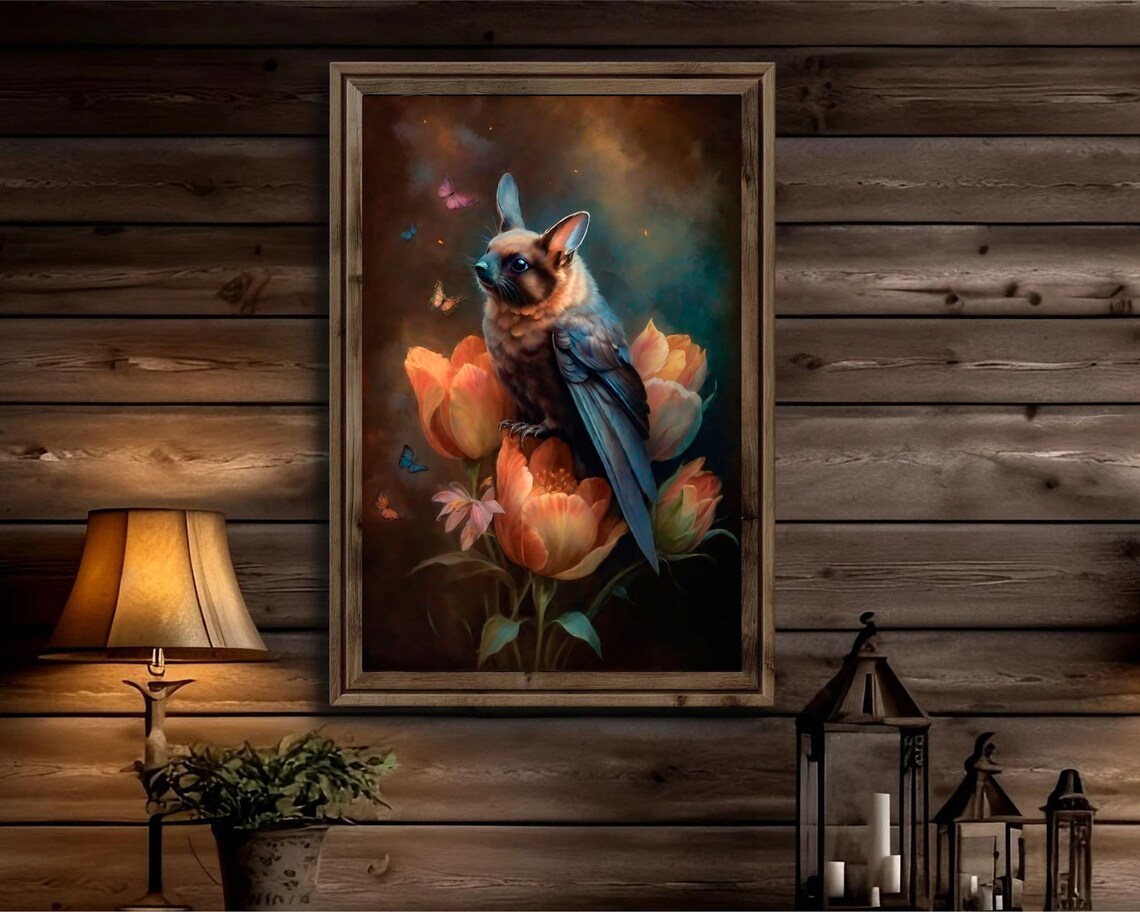 Fantasy Winged Bat on Orange Tulips Moody Dark Floral Art Poster - Image 2