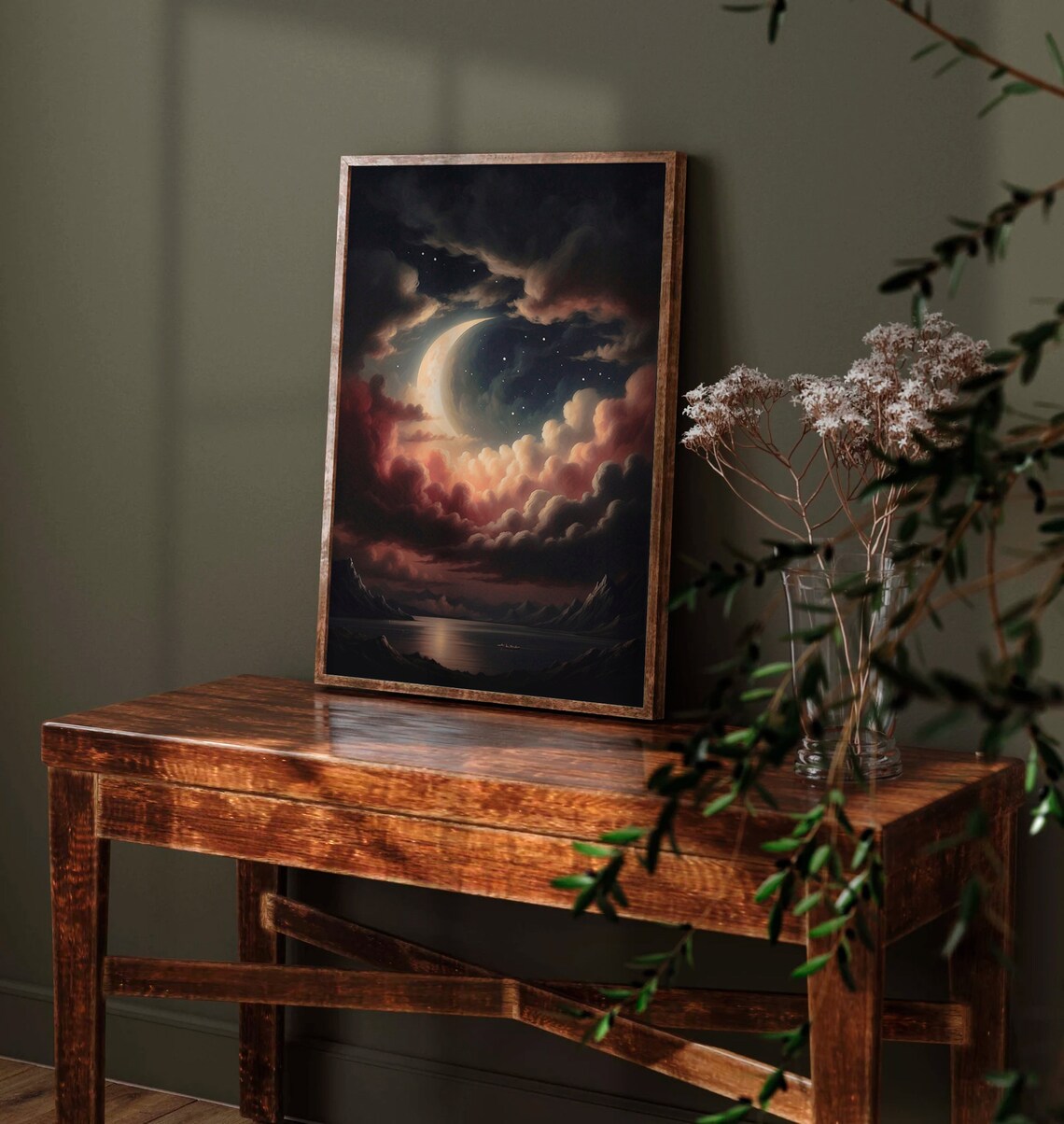Crescent Moon Through Red Clouds Over a Moonlit Lake and Mountains Poster - Image 5