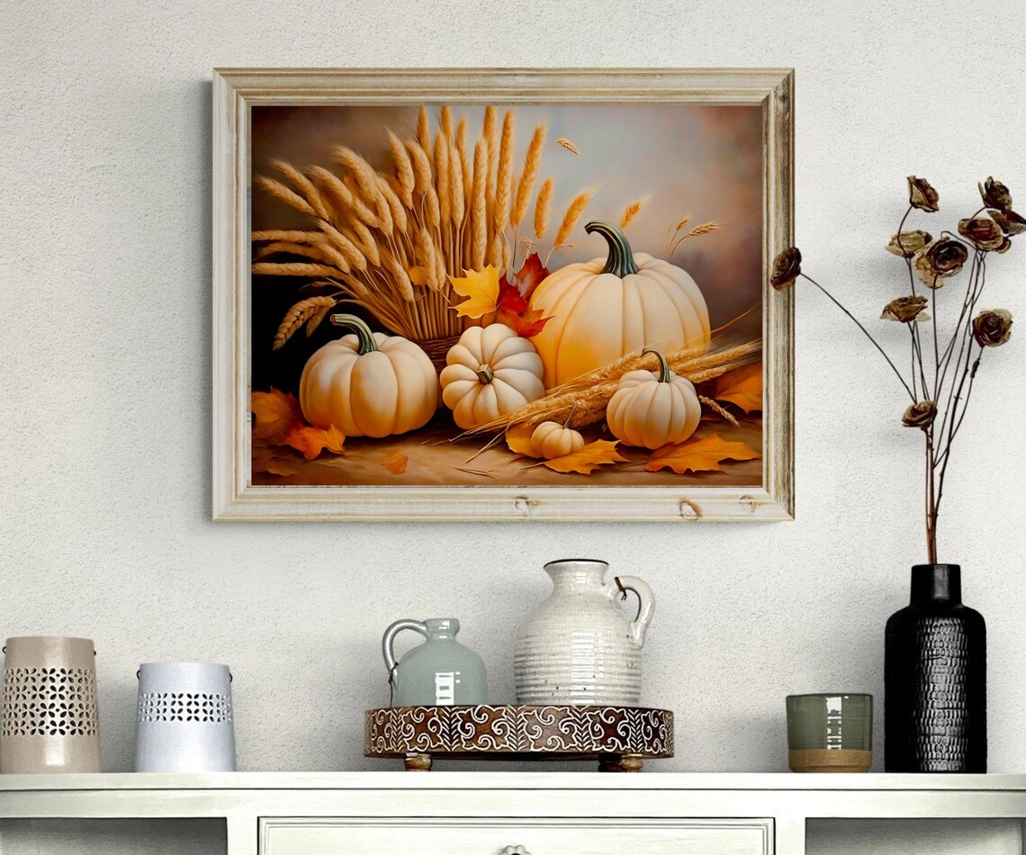 White Pumpkins And Wheat Sheaf Autumn Still Life Painting Wall Art - Image 4