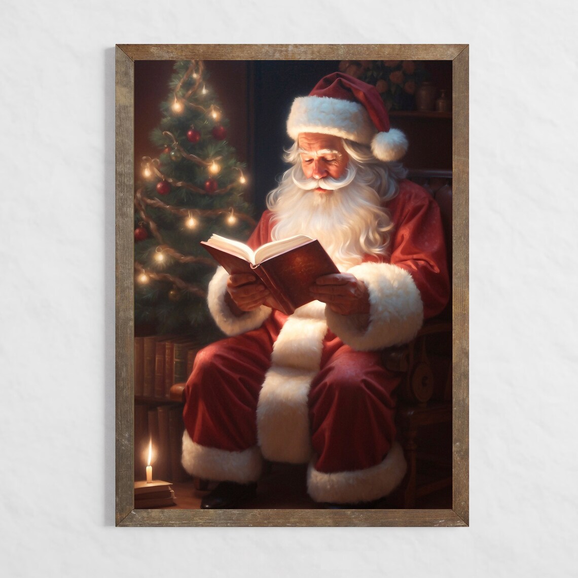 Santa Claus Reading by the Christmas Tree Cozy Holiday Poster - Image 3
