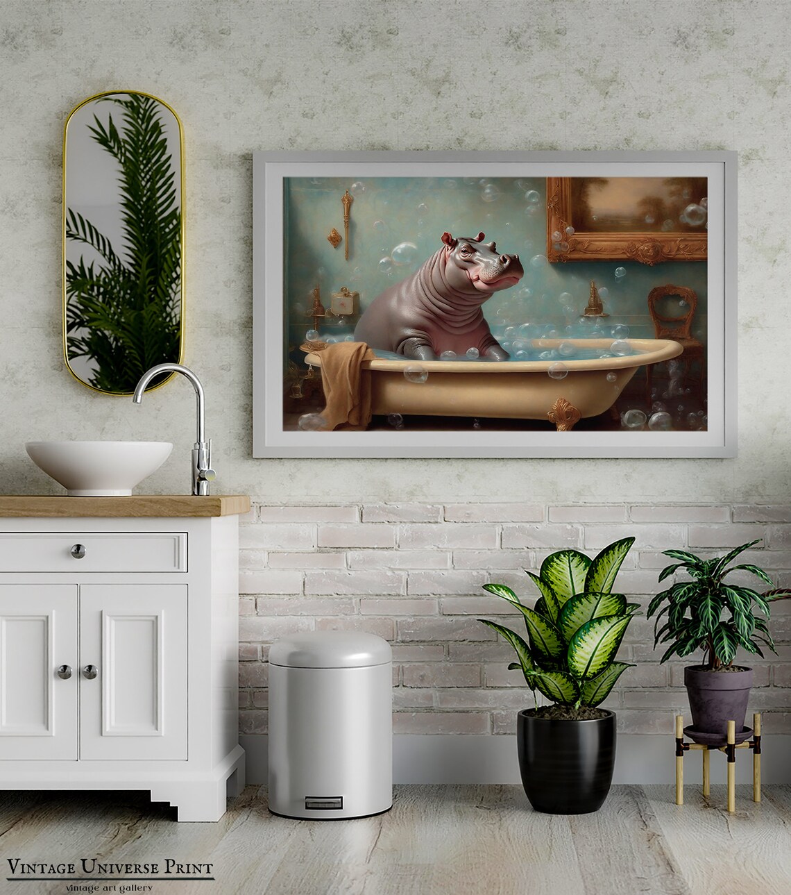 Smiling Hippo Relaxing in a Vintage Bathtub Full of Bubbles Funny Poster - Image 3