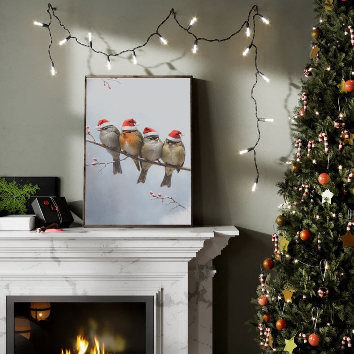 Four Birds With Santa Hats On Branch Winter Christmas Poster - Image 3
