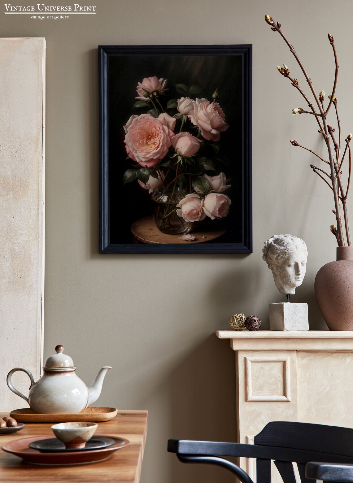Blush Pink Roses In A Glass Vase On Dark Background Vintage Print - Image 2