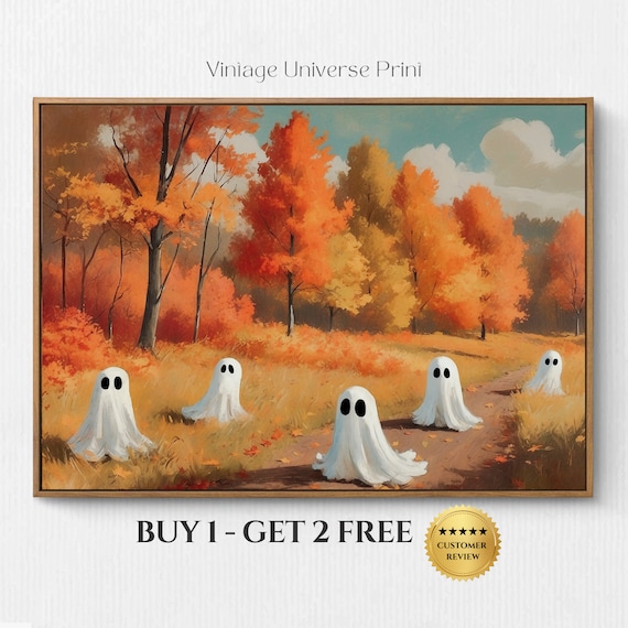 Five Cute Ghosts Wandering A Golden Autumn Forest Path Vintage Halloween Poster