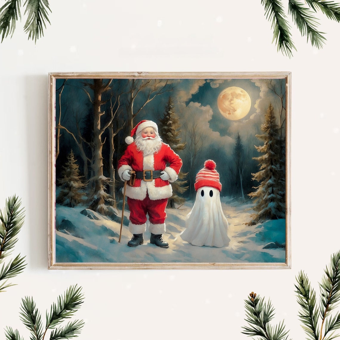 Ghost And Santa Claus In The Forest Landscape Vintage Painting Santa Claus Painting Christmas Wall Art Print Christmas House Decor 43 - Image 3