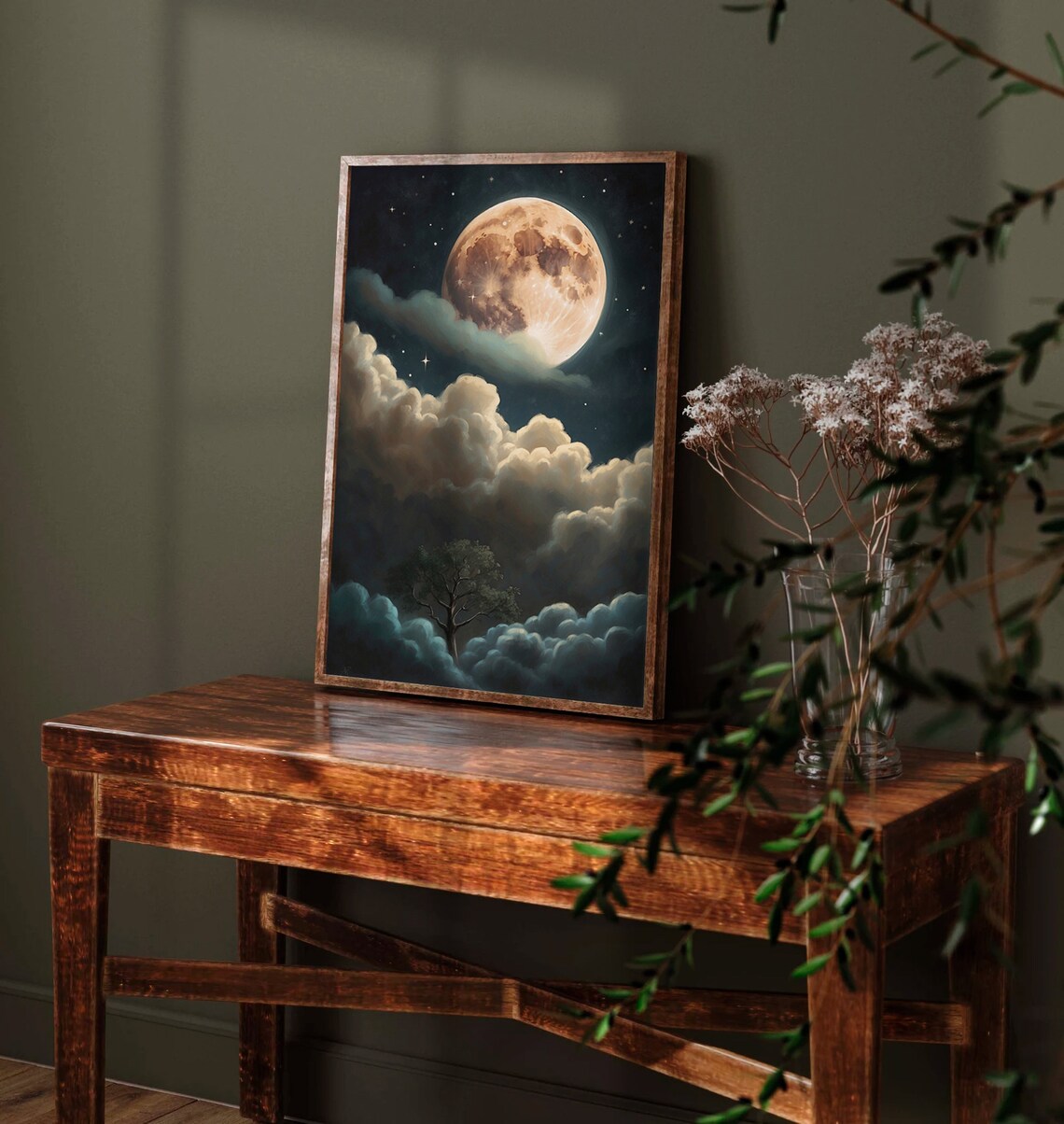 Full Moon Rising Above Dramatic Clouds with a Lone Tree Silhouette Art Print - Image 4