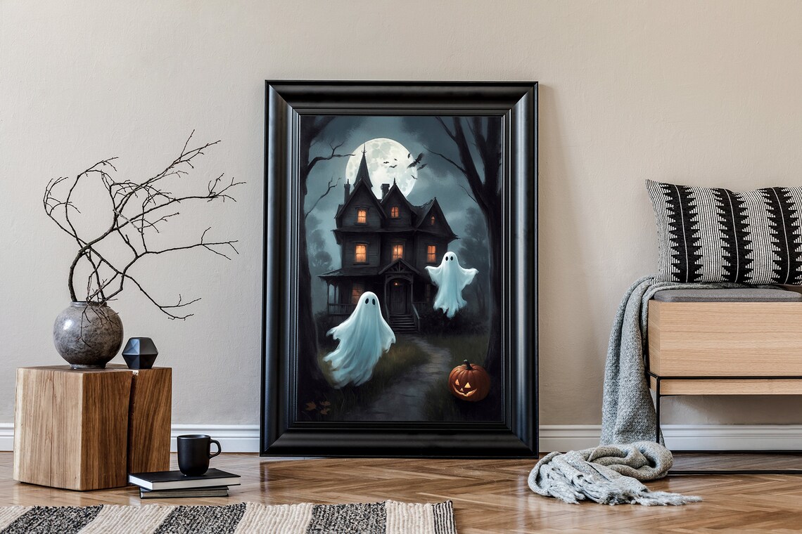 Two Cute Ghosts At Haunted House Under Full Moon Halloween Painting Poster - Image 2
