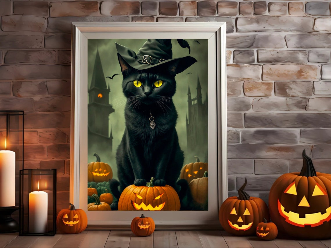 Vintage Black Cat in Witch Hat on Jack O Lantern Halloween Poster - Image 2