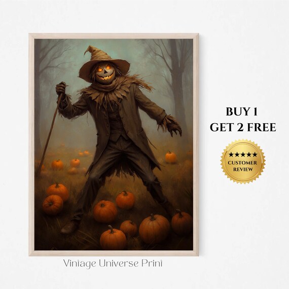 Spooky Scarecrow Halloween Print Pumpkin Patch Vintage Print Gothic Print Pumpkin Moody Wall Art Fall Autumn Cottagecore Art