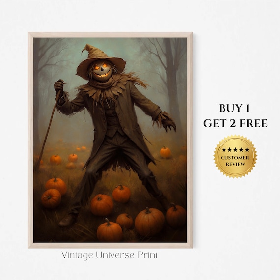 Spooky Scarecrow With Glowing Pumpkin Head In Pumpkin Patch Painting Poster