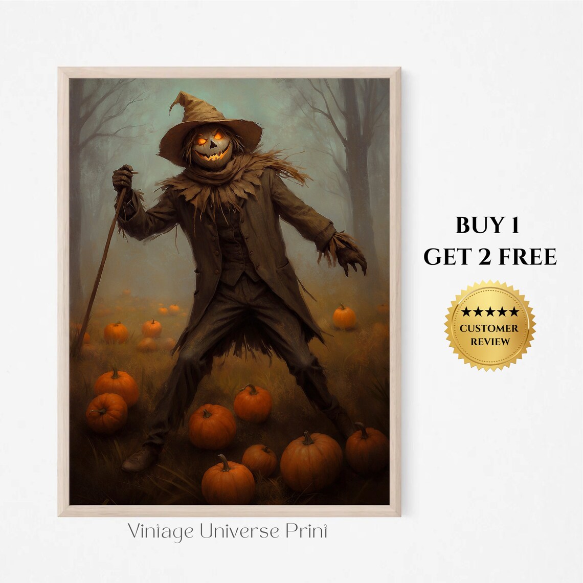 Spooky Scarecrow With Glowing Pumpkin Head In Pumpkin Patch Painting Poster