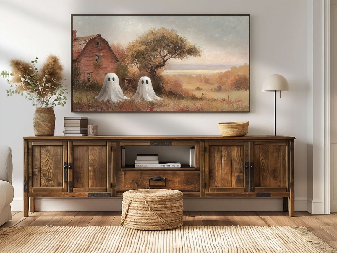 Two Ghosts By Rustic Red Barn Autumn Field Vintage Halloween Poster - Image 5