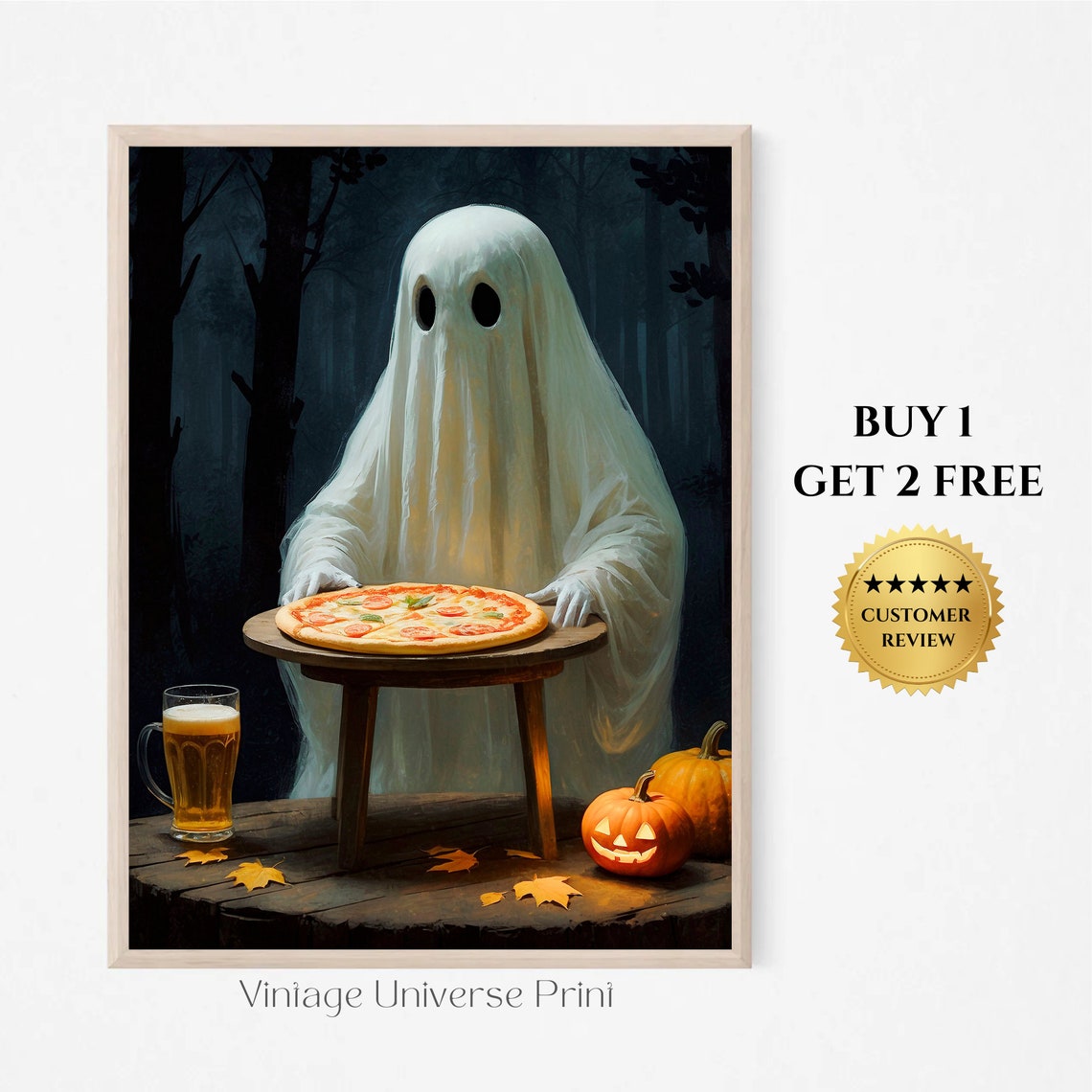 Ghost Eating Pizza Dark Forest Halloween Party Funny Spooky Print