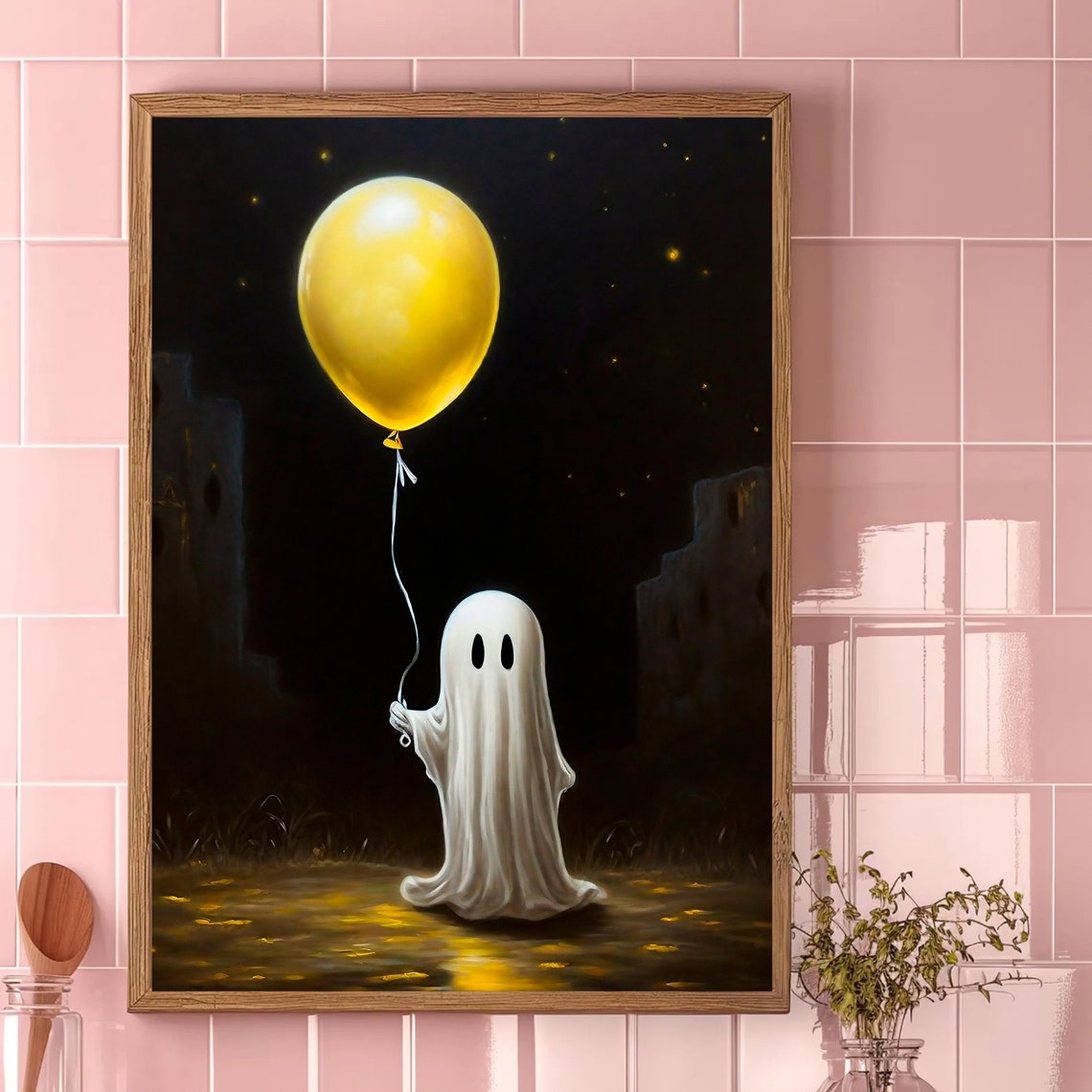 Cute Ghost Holding Yellow Balloon Spooky Night Halloween Decor Poster - Image 4