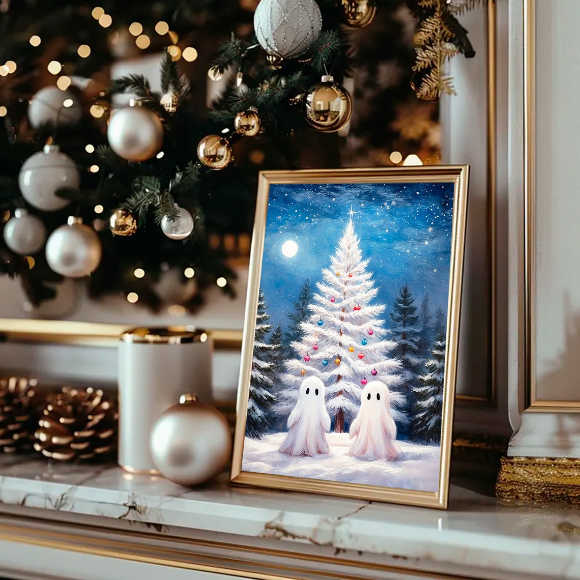 Two Ghosts by Snowy White Christmas Tree Under Moonlight Print - Image 2
