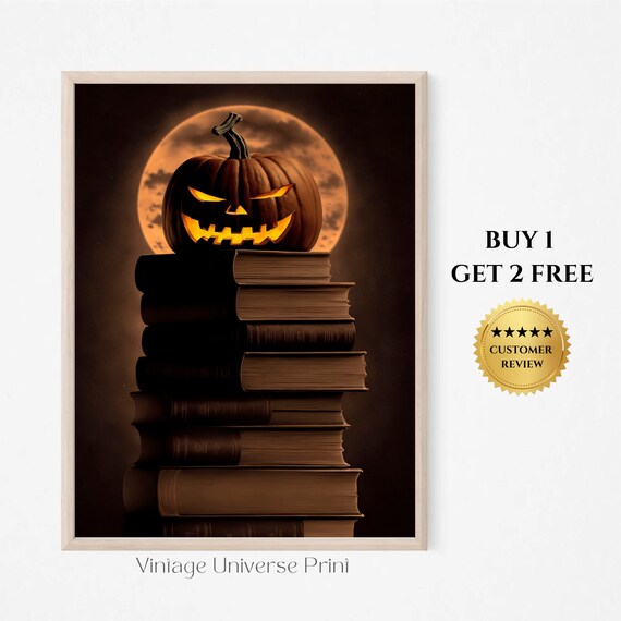 Glowing Jack O Lantern on Stack of Books Spooky Halloween Poster