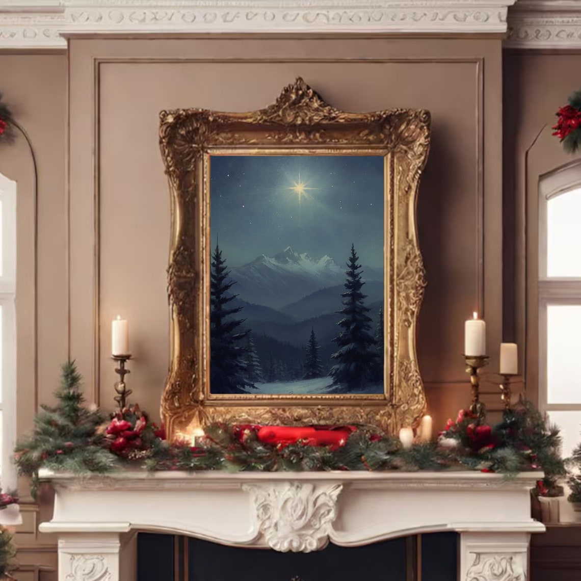 Snowy Mountain Night Bright Star Pine Forest Christmas Poster - Image 4