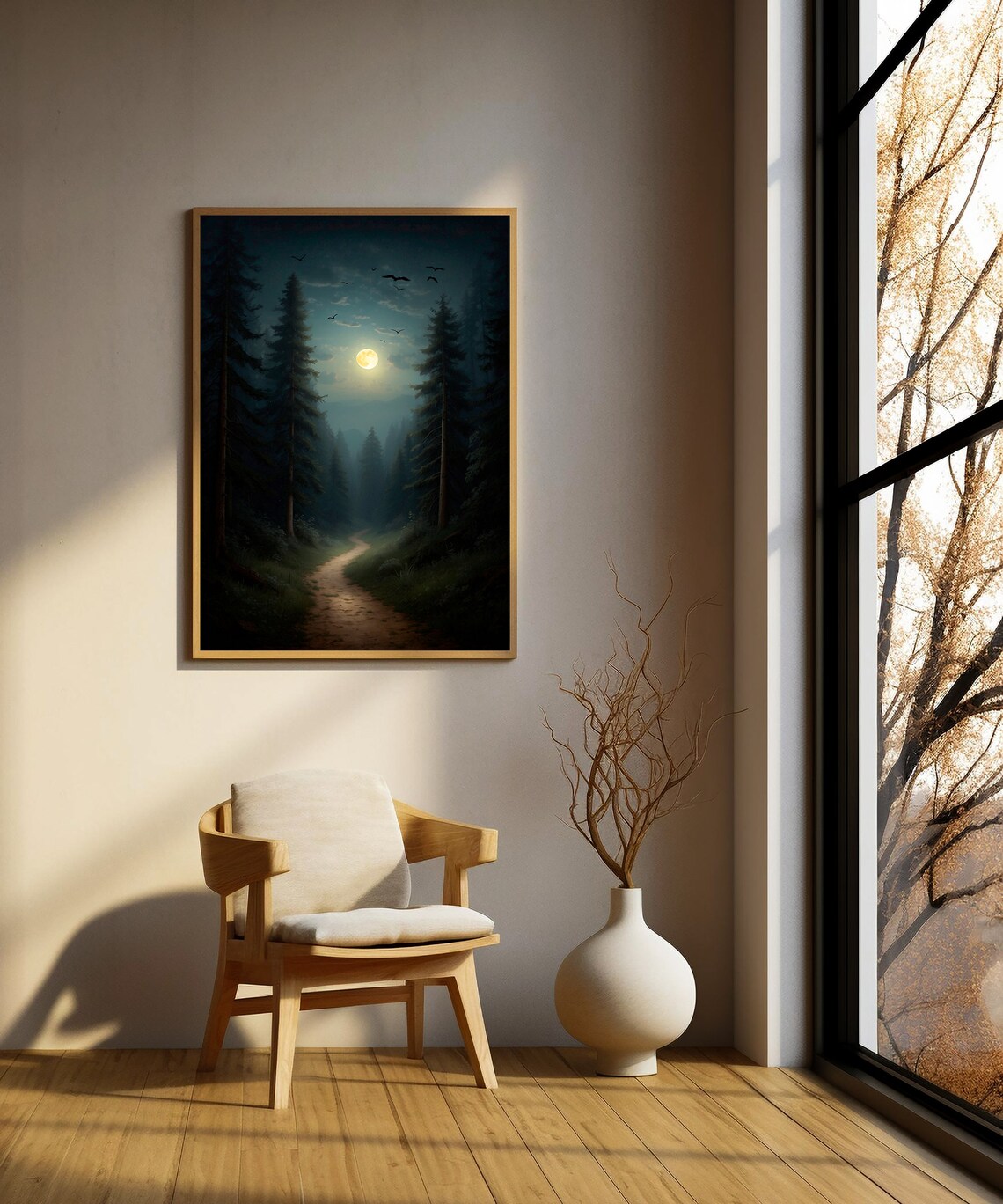Moonlit Forest Path Between Tall Pines with Flying Birds Night Art Print - Image 5