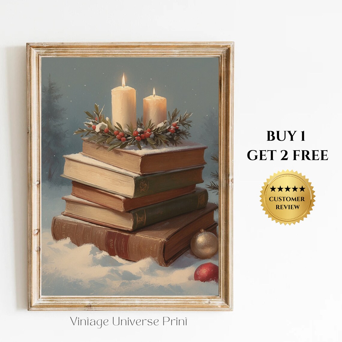 Vintage Christmas Books Still Life With Candles Winter Snow Poster
