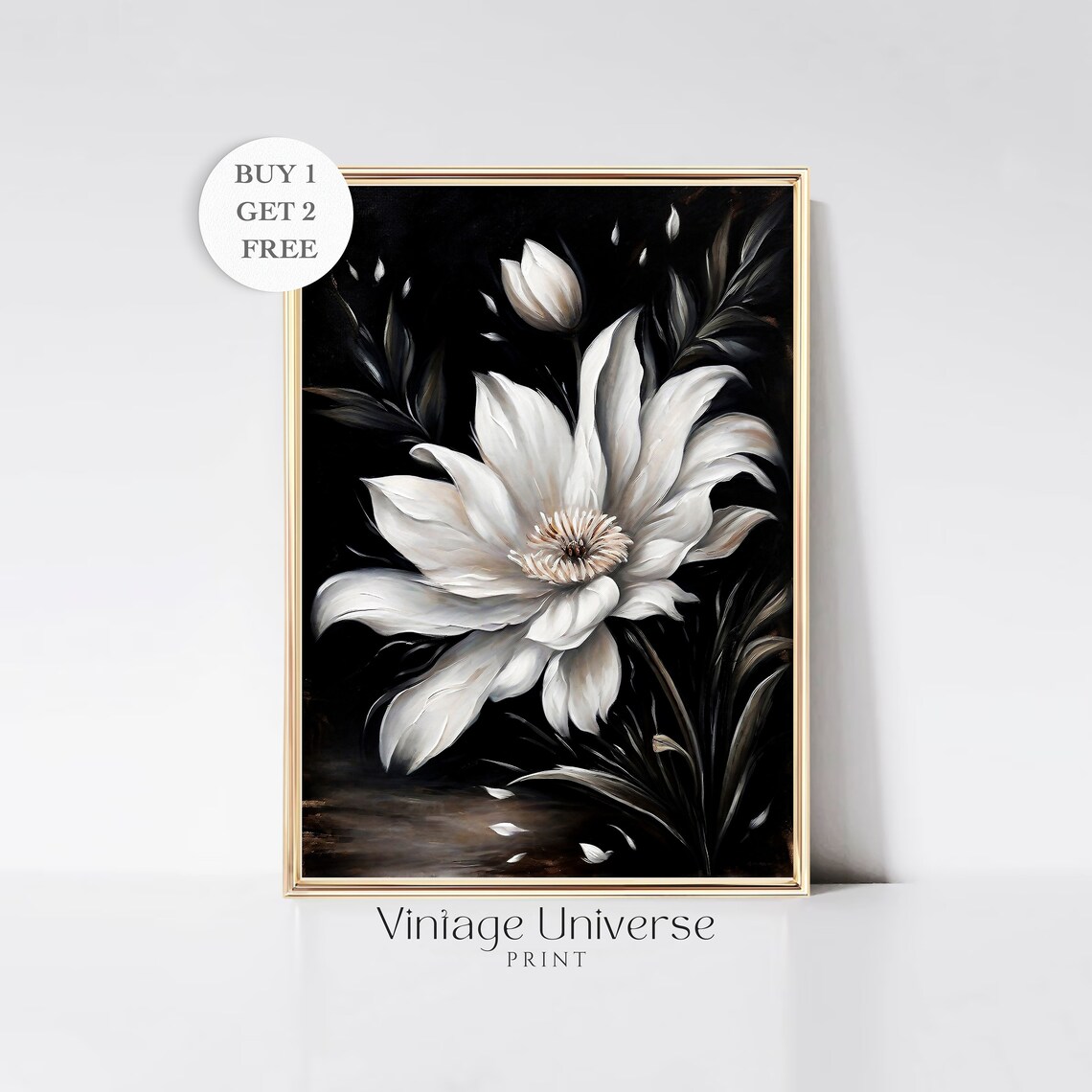 White Flower on Black Background Moody Monochrome Botanical Poster