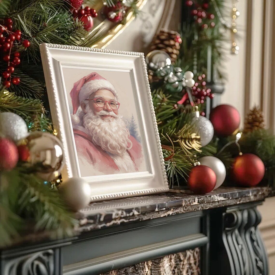 Santa Claus Portrait With Red Glasses Vintage Christmas Poster - Image 2