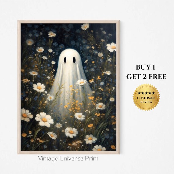 Cute Sheet Ghost Standing in a Field of Daisies and Wildflowers Poster