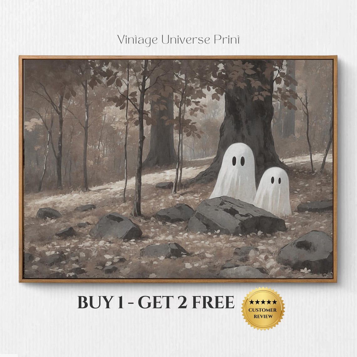 Cute Ghosts In Autumn Forest Rocks Moody Spooky Halloween Poster