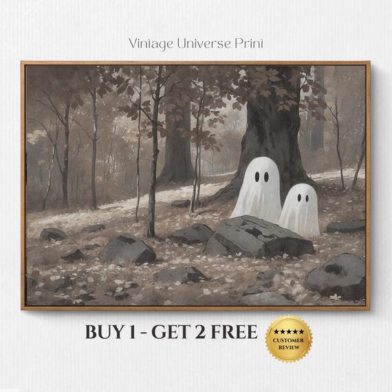 Cute Ghosts In Autumn Forest Rocks Moody Spooky Halloween Poster