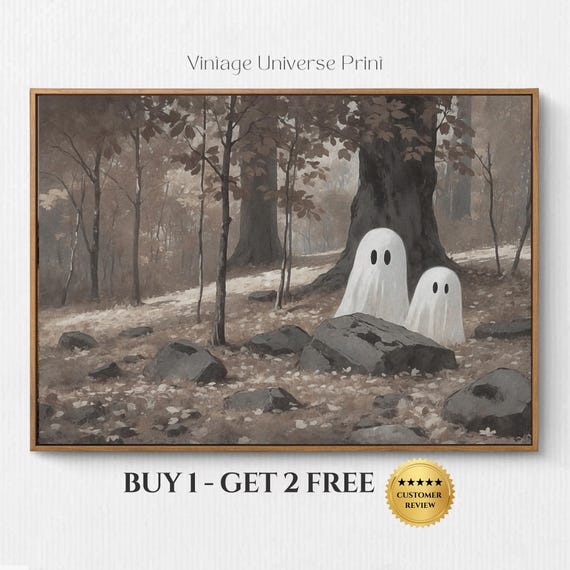 Cute Ghosts In The Forest Vintage Painting Rustic Fall Landscape Print Spooky Ghost Painting Farmhouse Wall Art Halloween