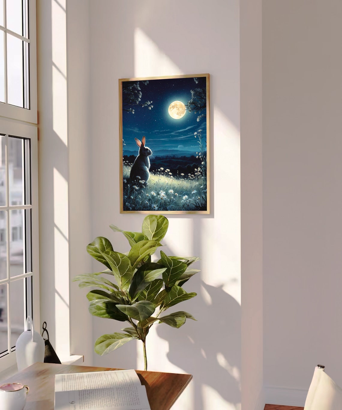 Rabbit Silhouette Gazing at Full Moon in Daisy Field Night Art Print - Image 2